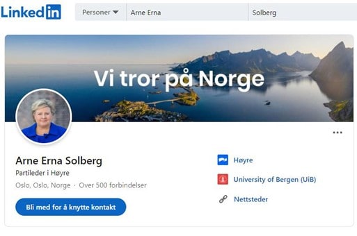 En skjermdump av linkedin-profilen til Erna Solberg