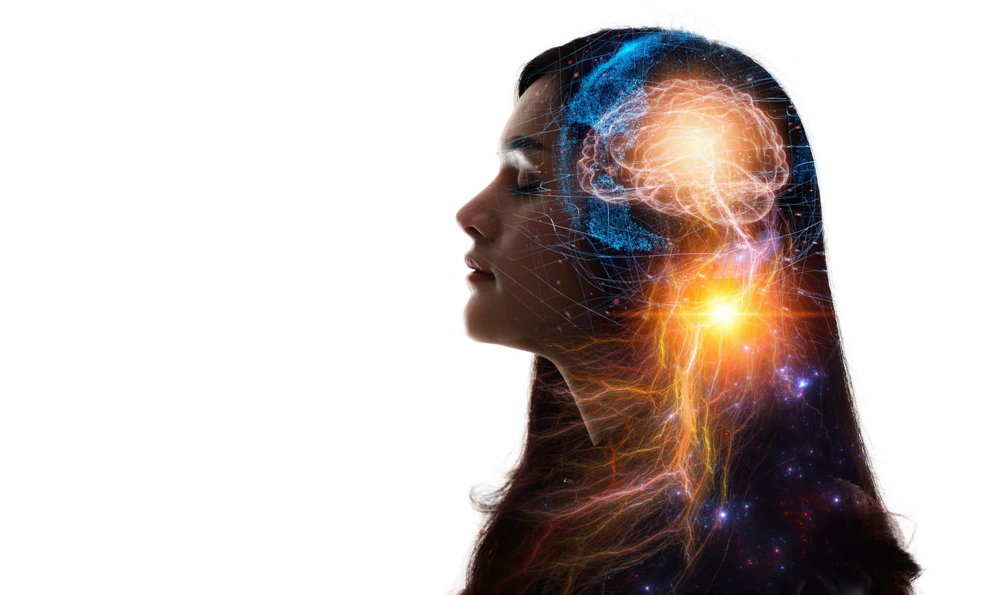 Kvinne med illustrert grafikk av hjerne og hjerneaktivitet